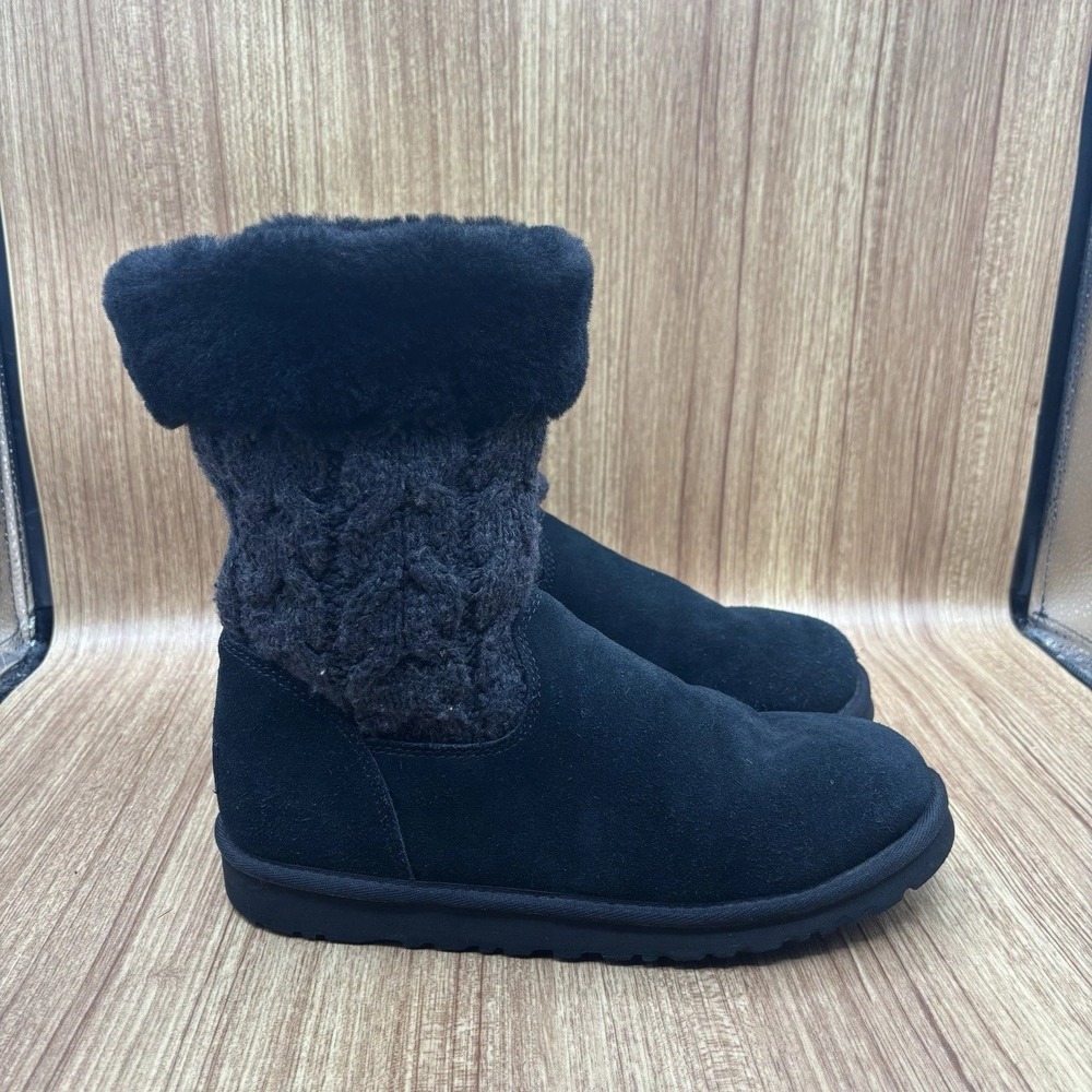 UGG Juniper Boot Kids Black Excellent‎ Size 6 Cable Knit Fur 1013250K